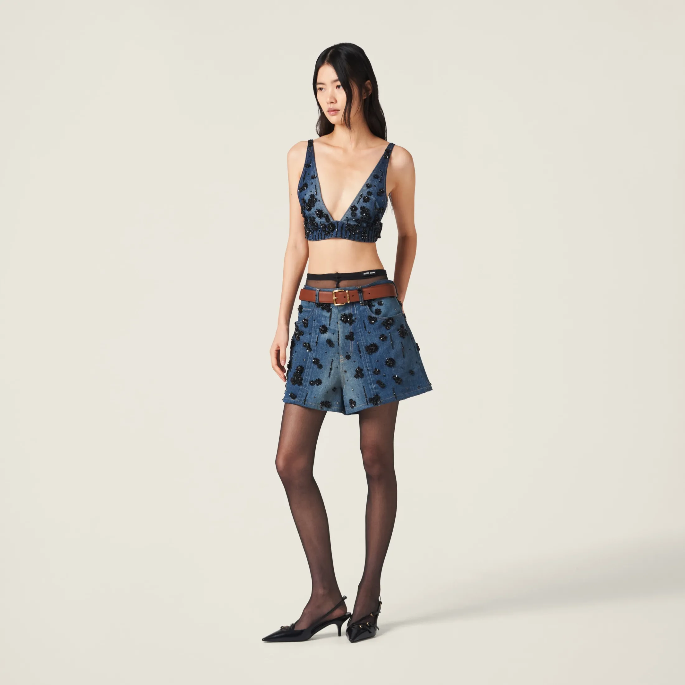 Navy Embellished Denim Shorts | Miu Miu