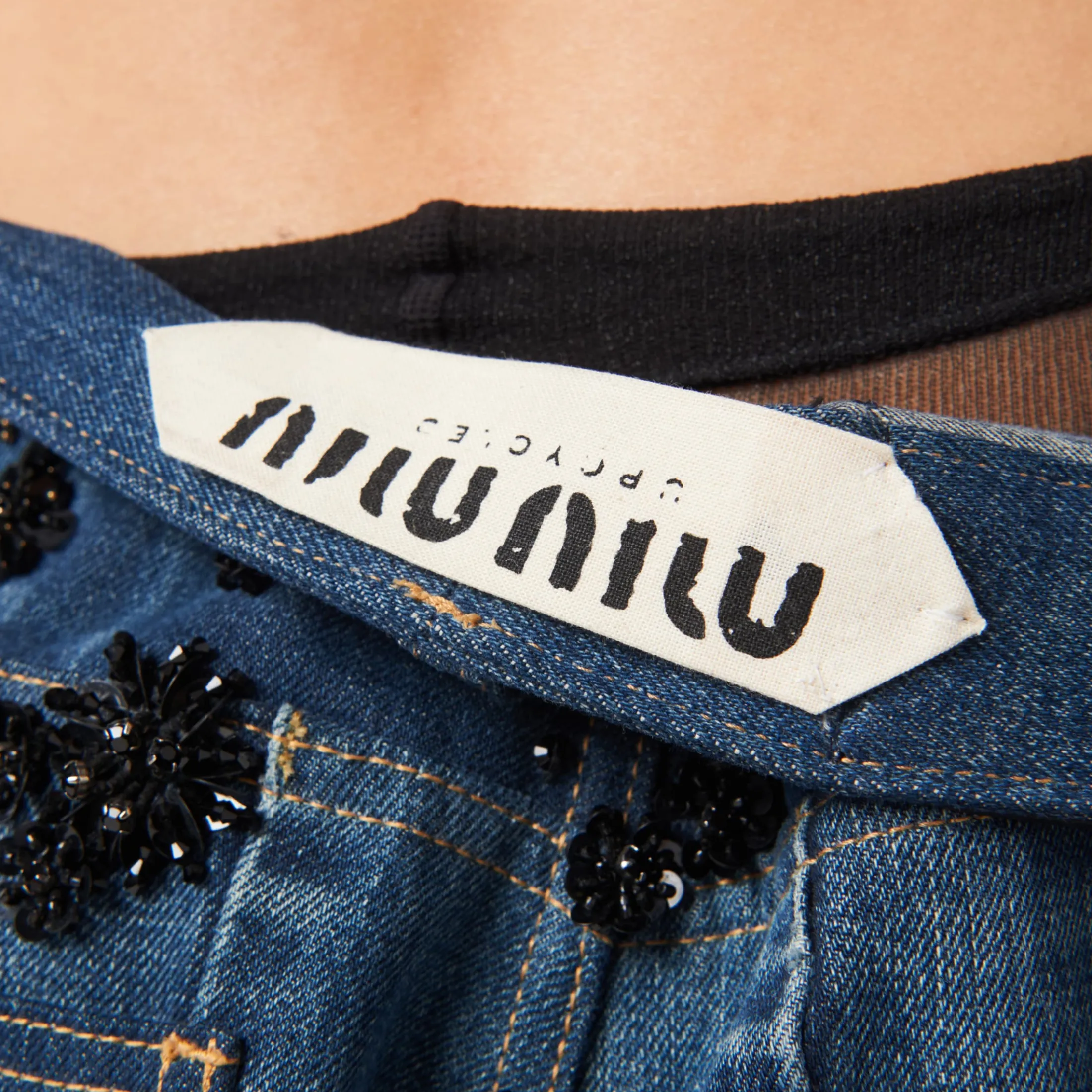 Navy Embellished Denim Shorts | Miu Miu