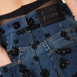 Navy Embellished Denim Shorts | Miu Miu