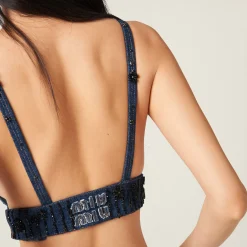 Navy Embellished Denim Top | Miu Miu