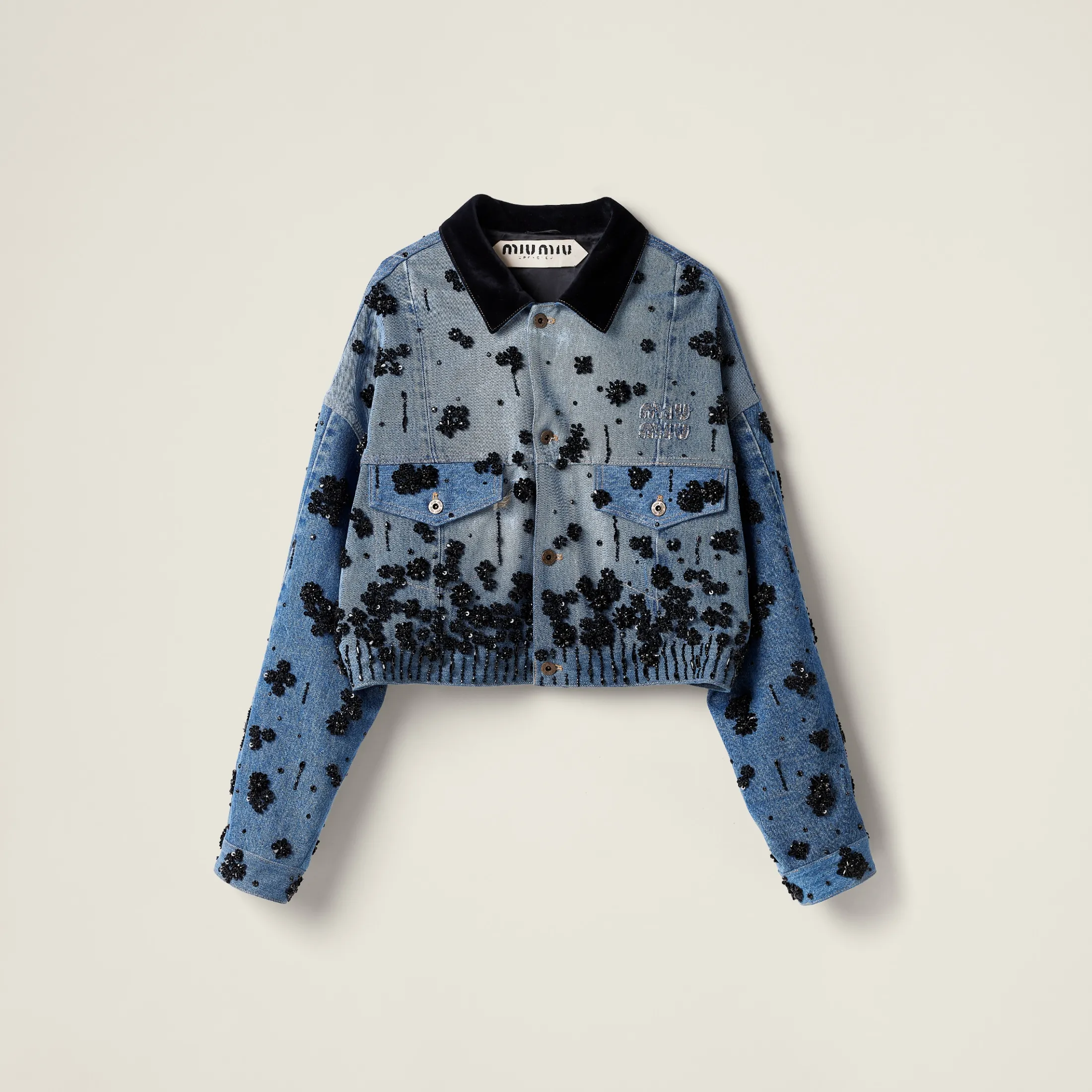 Navy Embellished Denim Trucker Jacket | Miu Miu