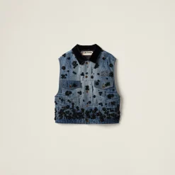 Navy Embellished Denim Trucker Vest | Miu Miu