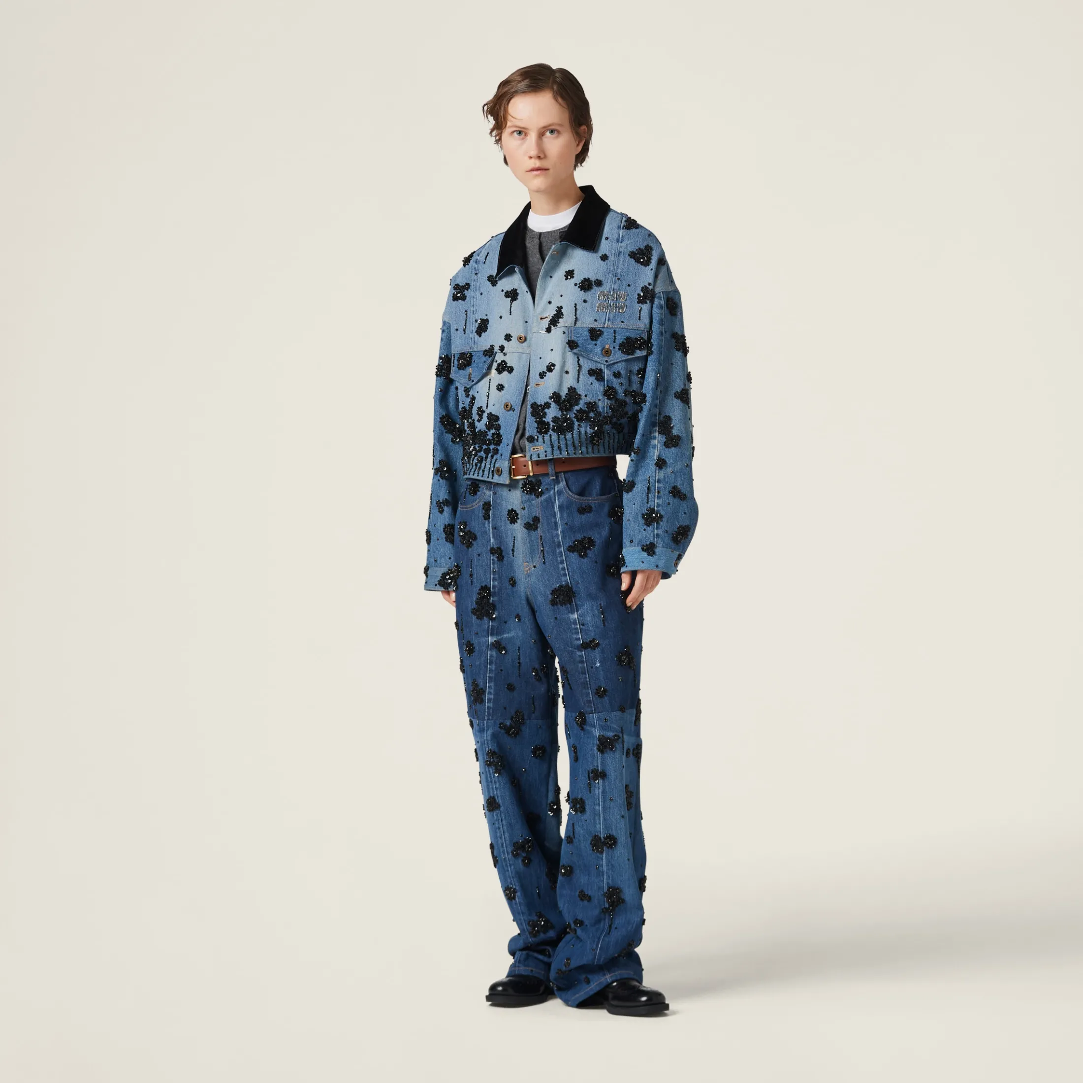 Navy Embellished Denim Trucker Jacket | Miu Miu