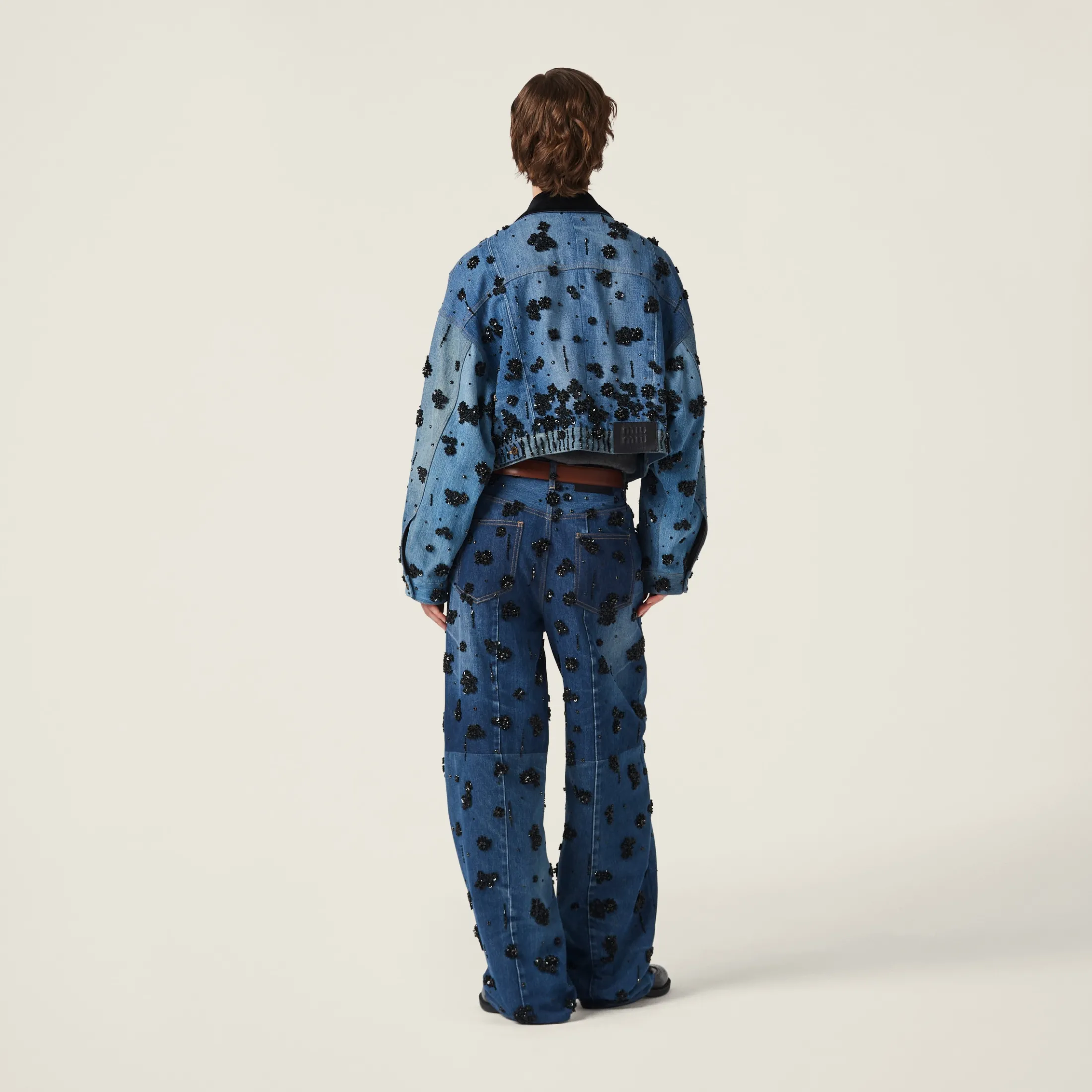 Navy Embellished Denim Trucker Jacket | Miu Miu