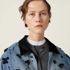 Navy Embellished Denim Trucker Jacket | Miu Miu