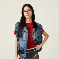 Navy Embellished Denim Trucker Vest | Miu Miu