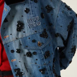 Navy Embellished Denim Trucker Jacket | Miu Miu
