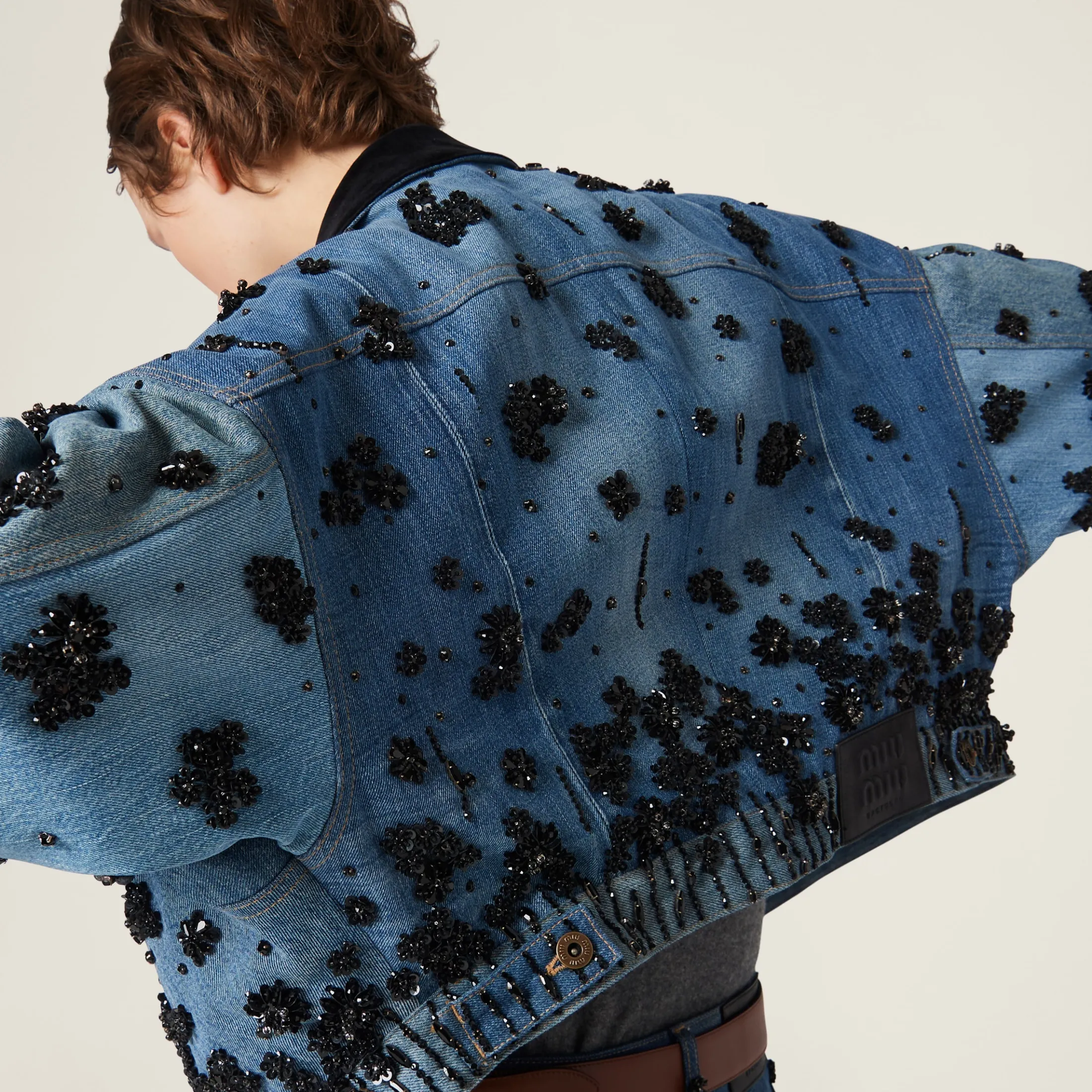 Navy Embellished Denim Trucker Jacket | Miu Miu