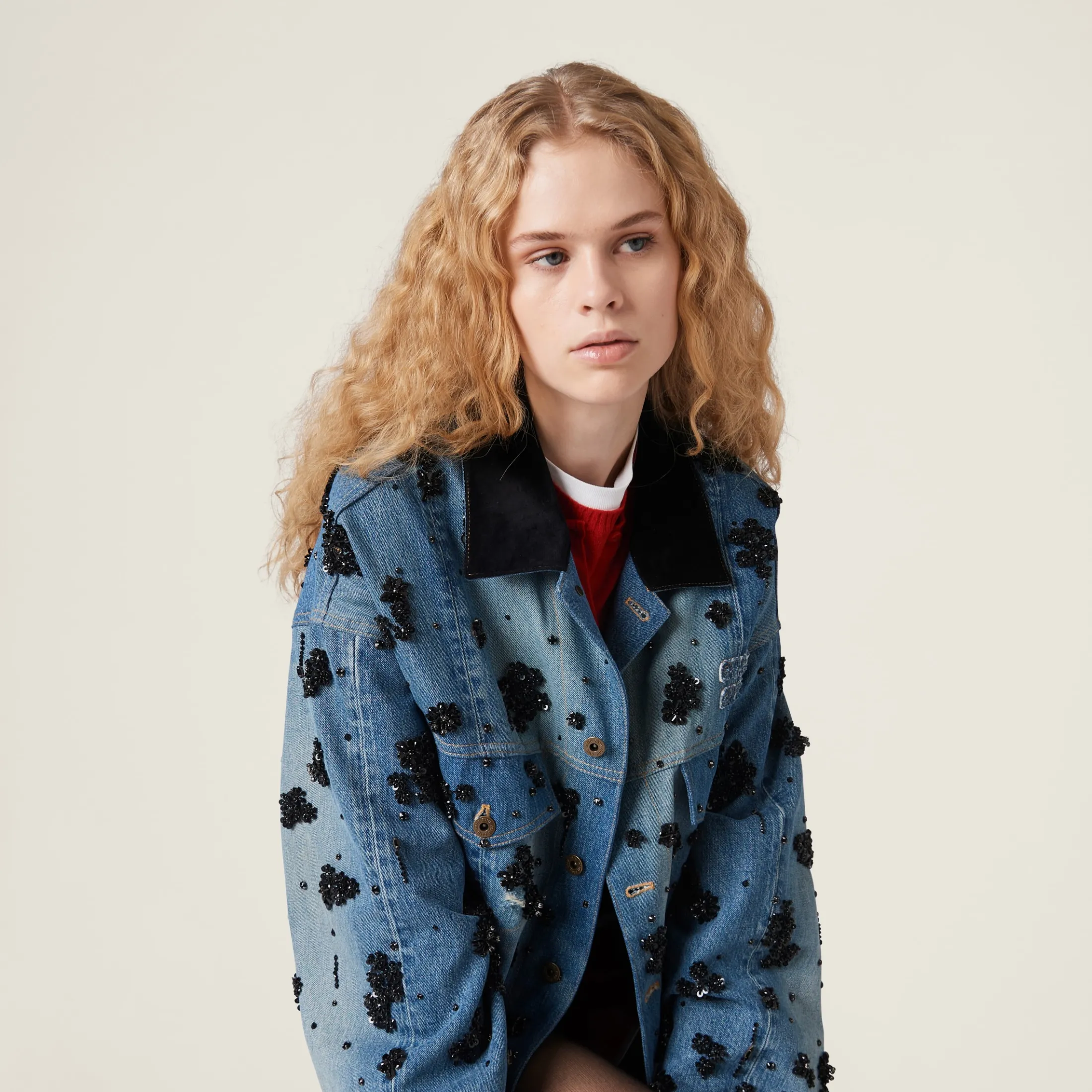 Navy Embellished Denim Trucker Jacket | Miu Miu