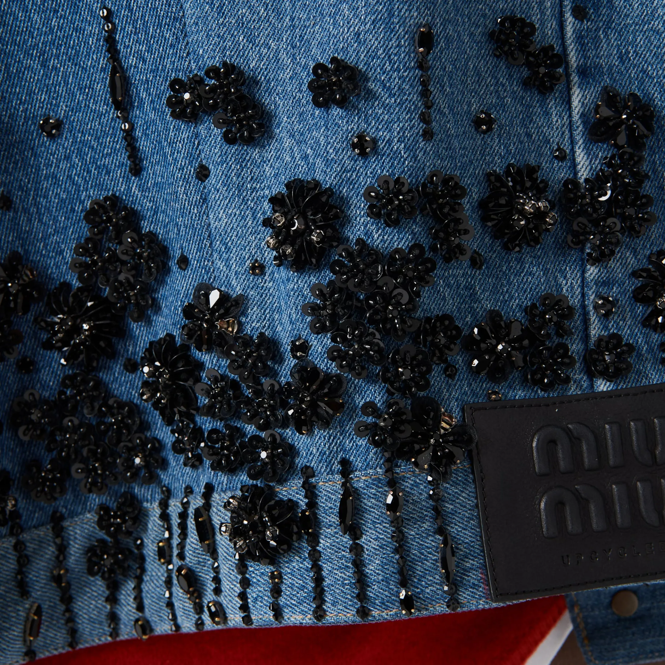 Navy Embellished Denim Trucker Jacket | Miu Miu