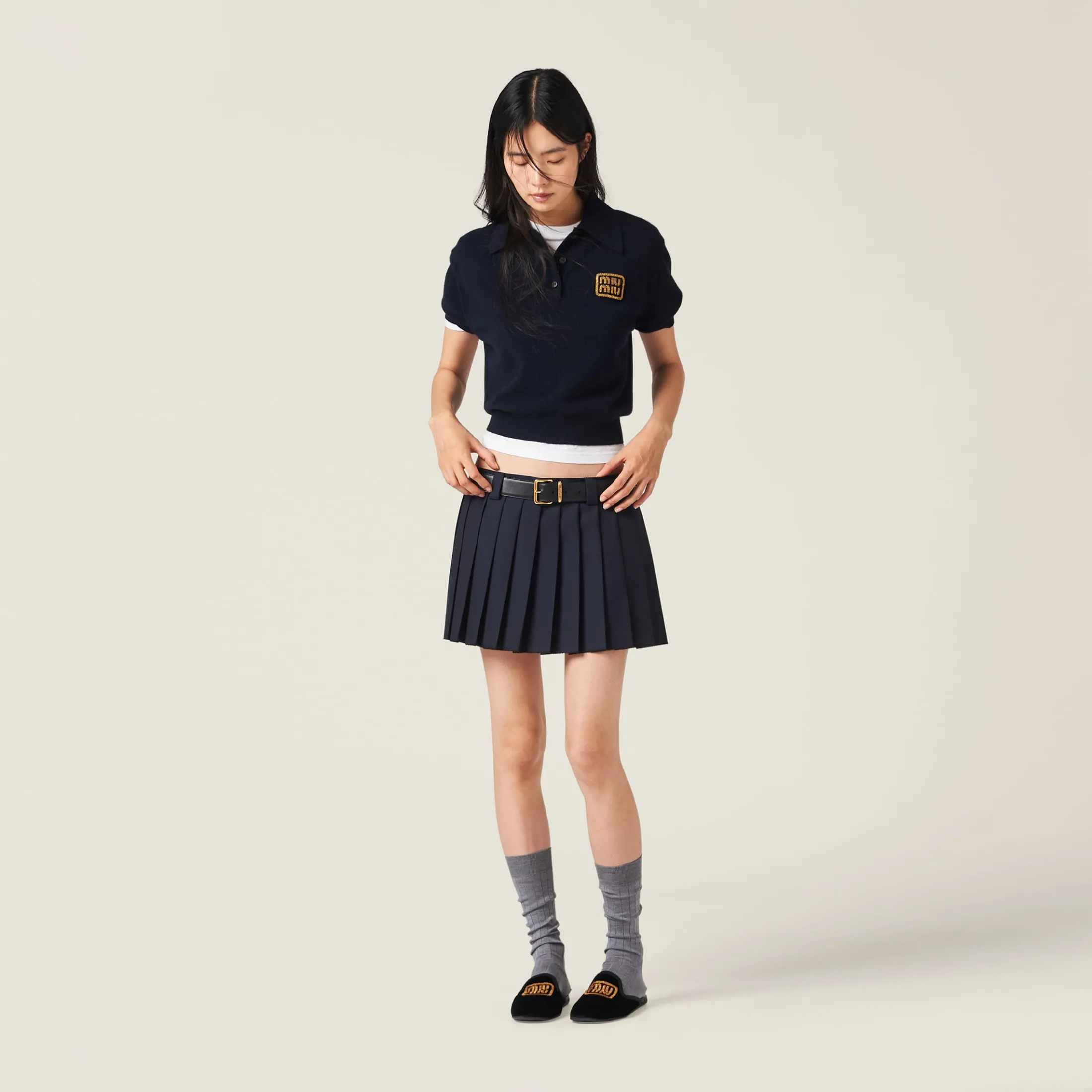 Navy Pleated Batavia Miniskirt | Miu Miu