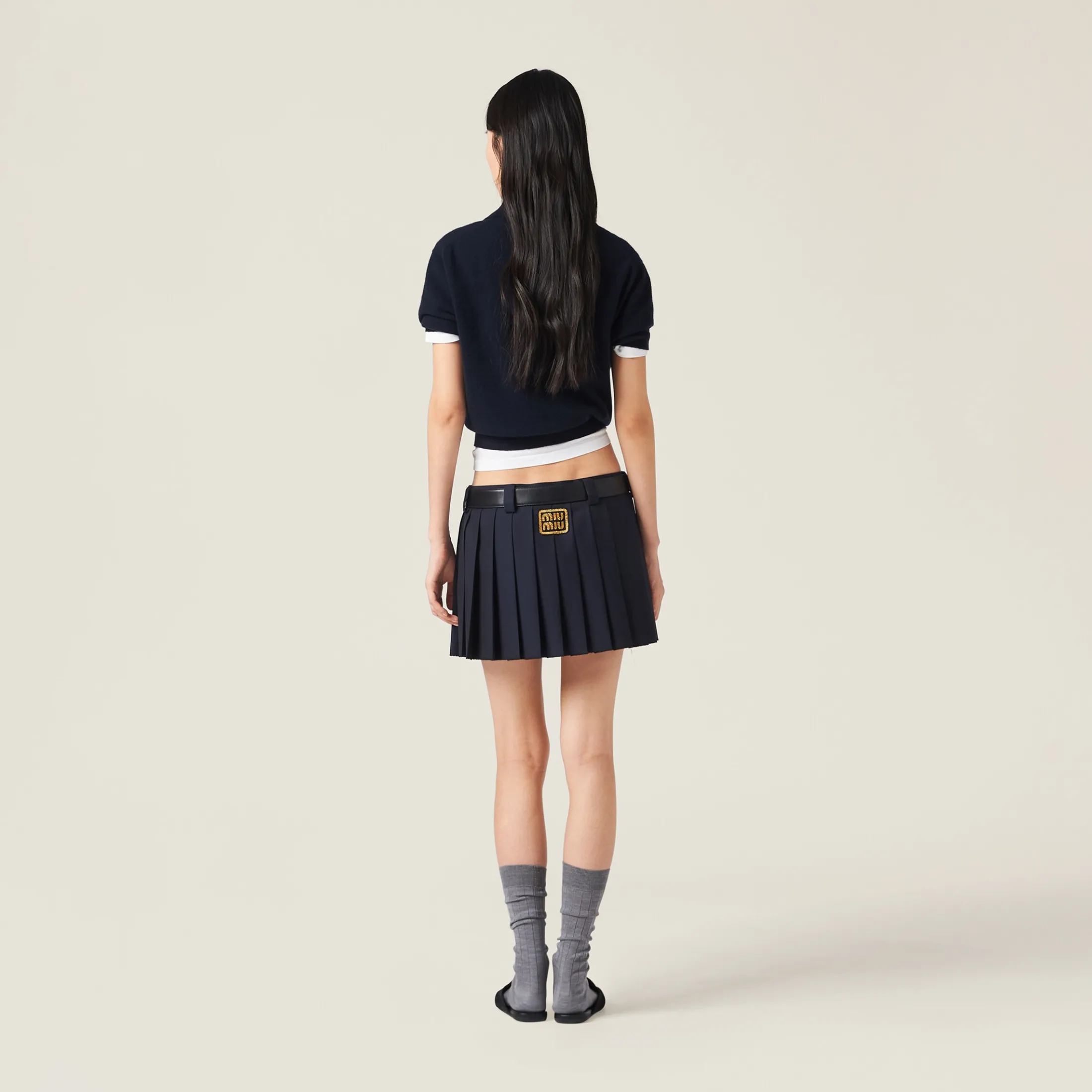 Navy Pleated Batavia Miniskirt | Miu Miu