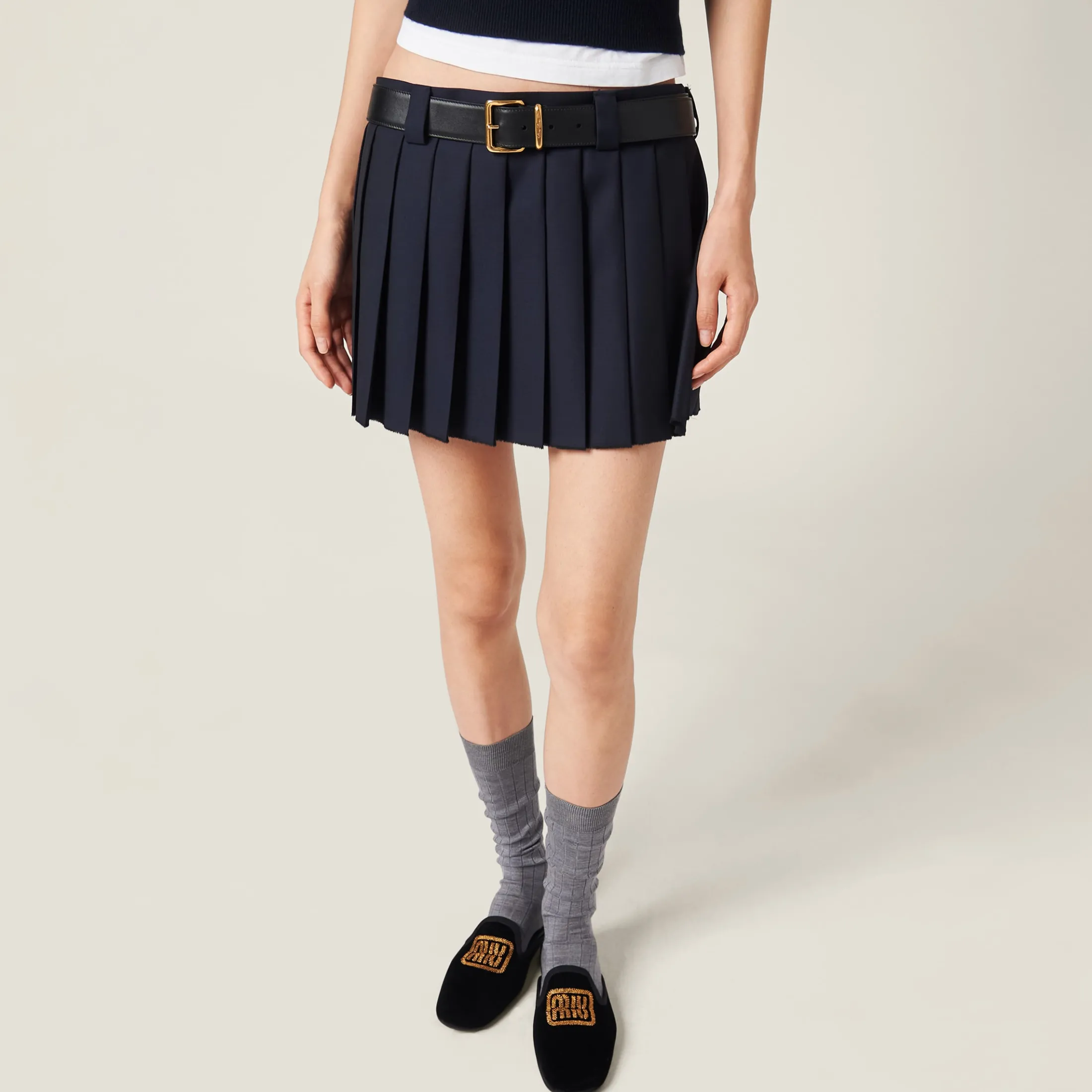 Navy Pleated Batavia Miniskirt | Miu Miu