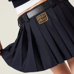 Navy Pleated Batavia Miniskirt | Miu Miu