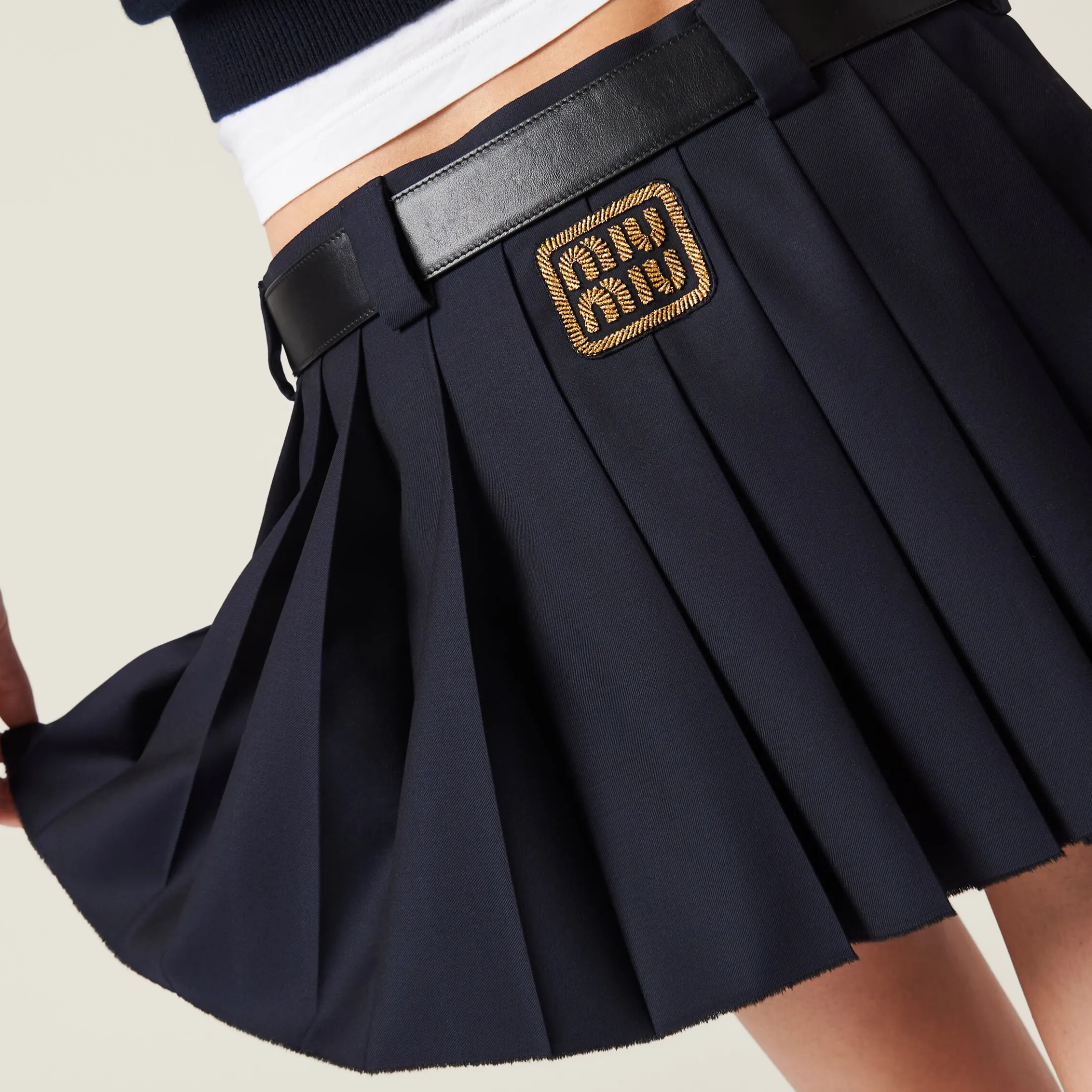 Navy Pleated Batavia Miniskirt | Miu Miu
