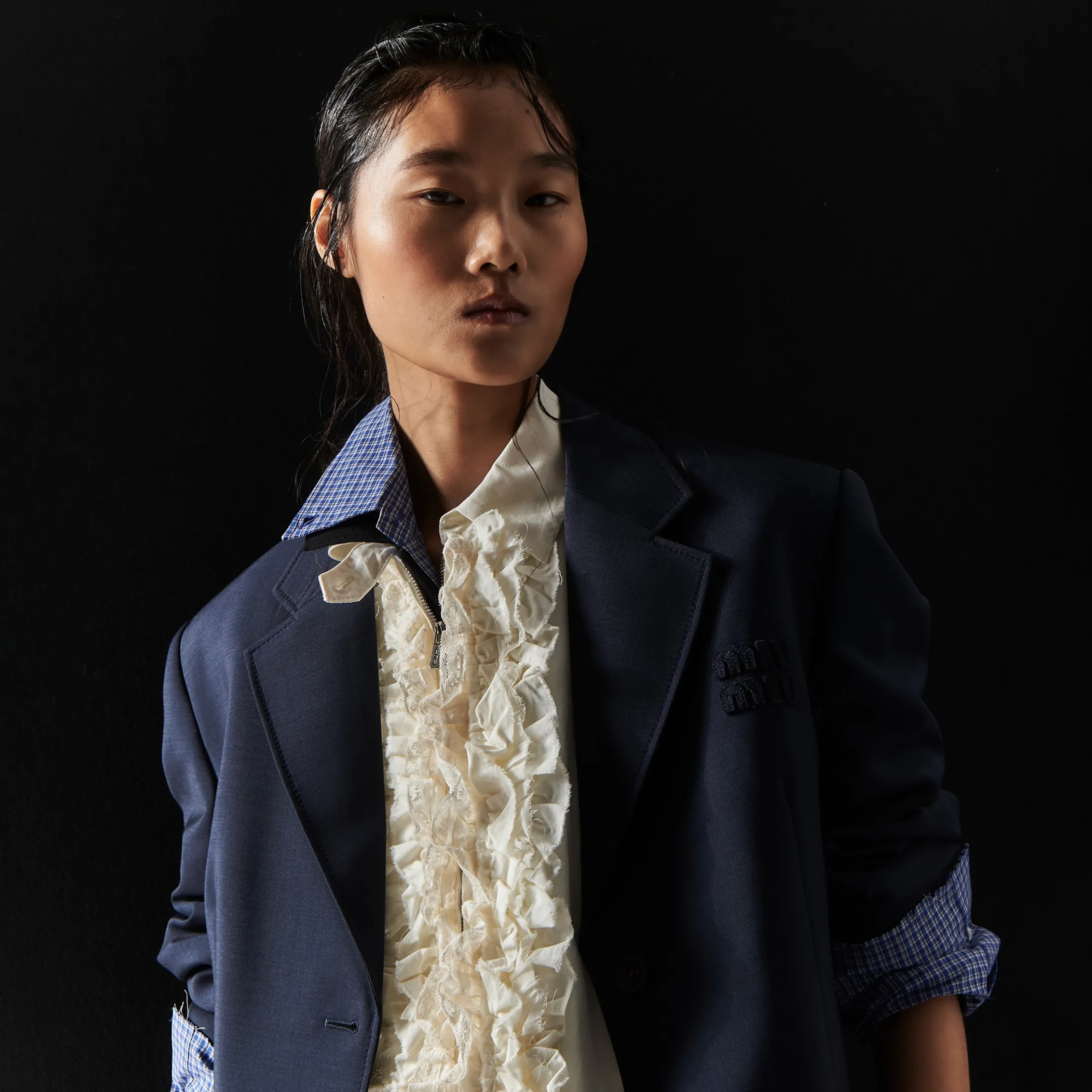 Navy Single-breasted Mohair Coat | Miu Miu