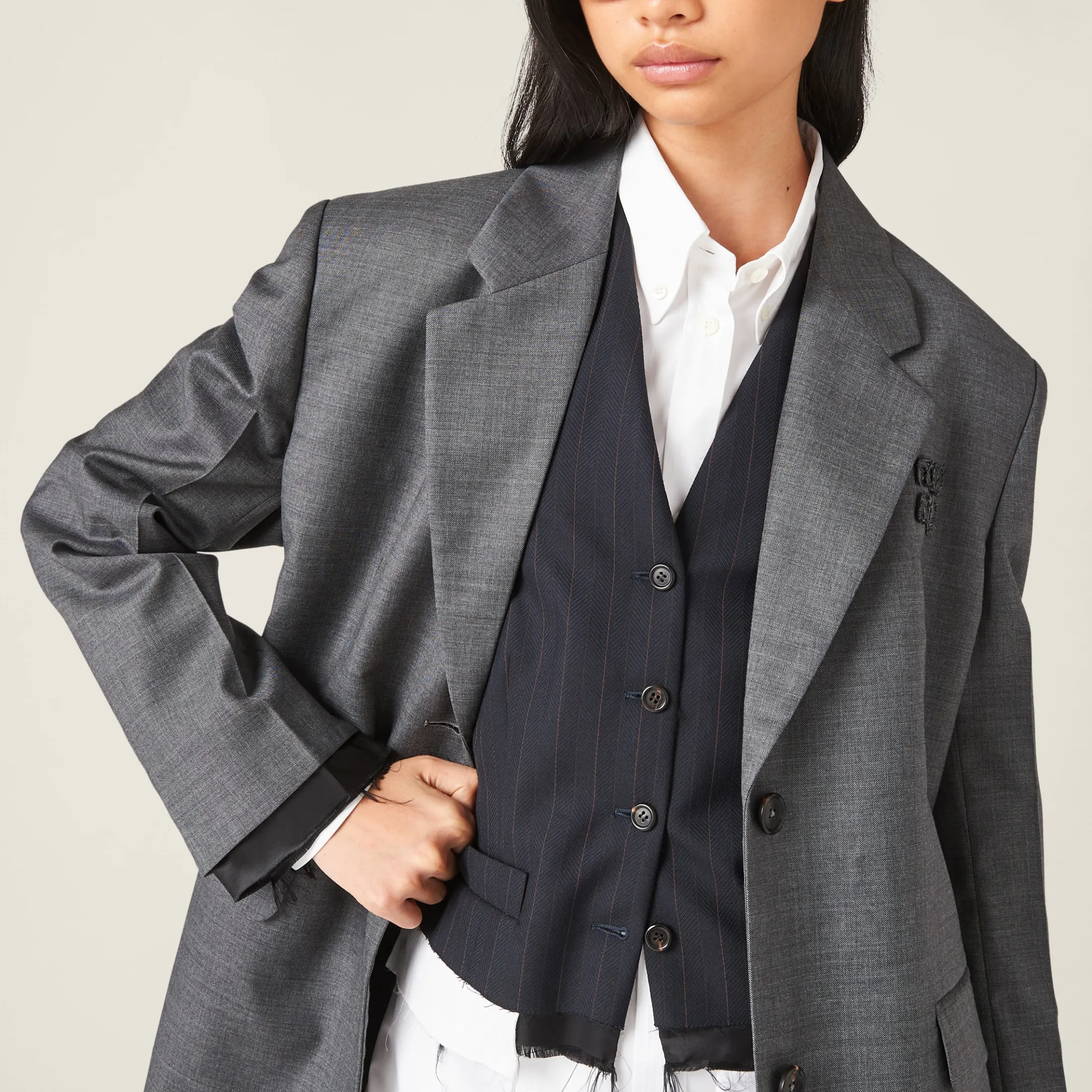 Navy Single-breasted Pinstriped Vest | Miu Miu
