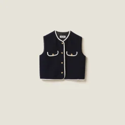 Navy Single-breasted Tweed Vest | Miu Miu