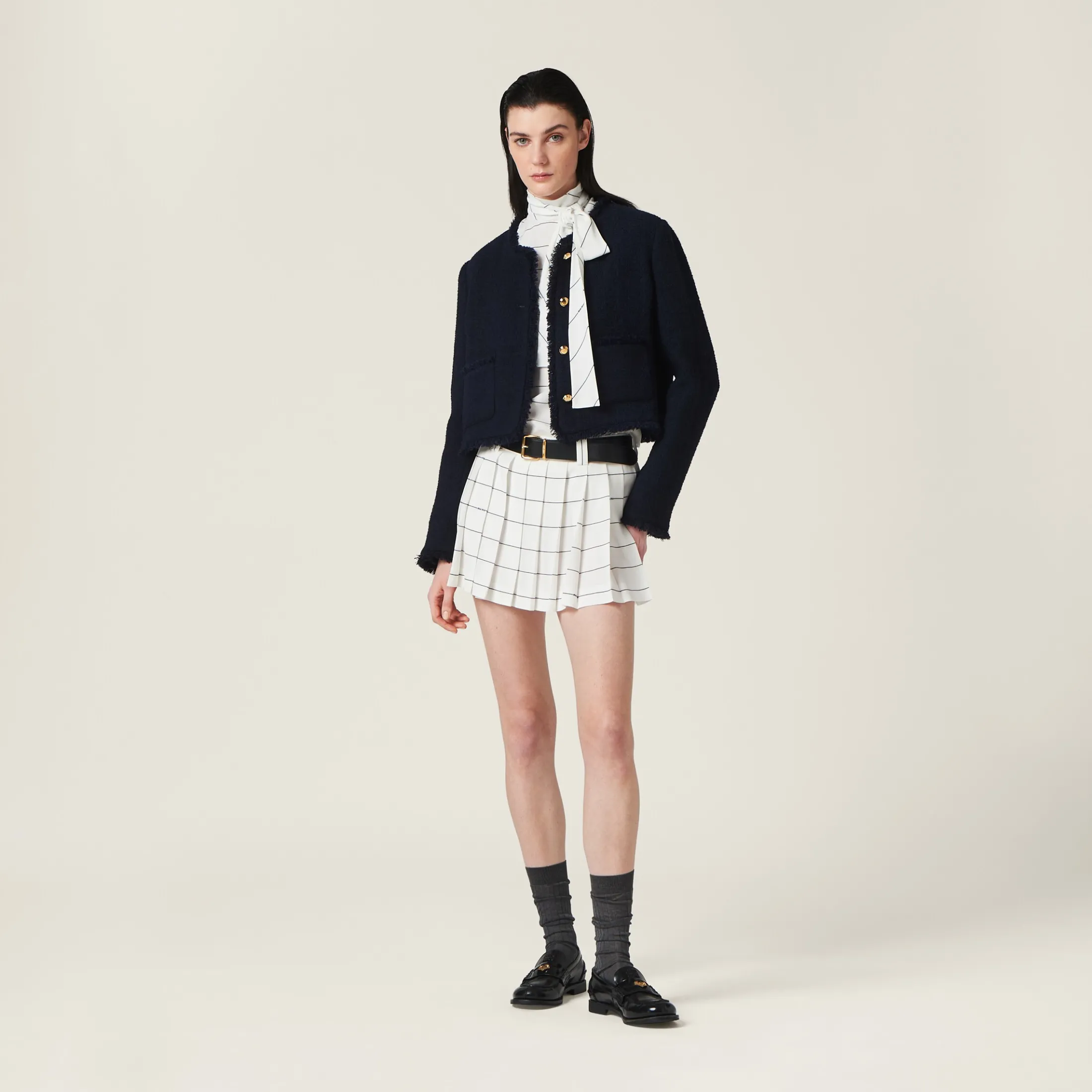Navy Single-breasted Tweed Jacket | Miu Miu