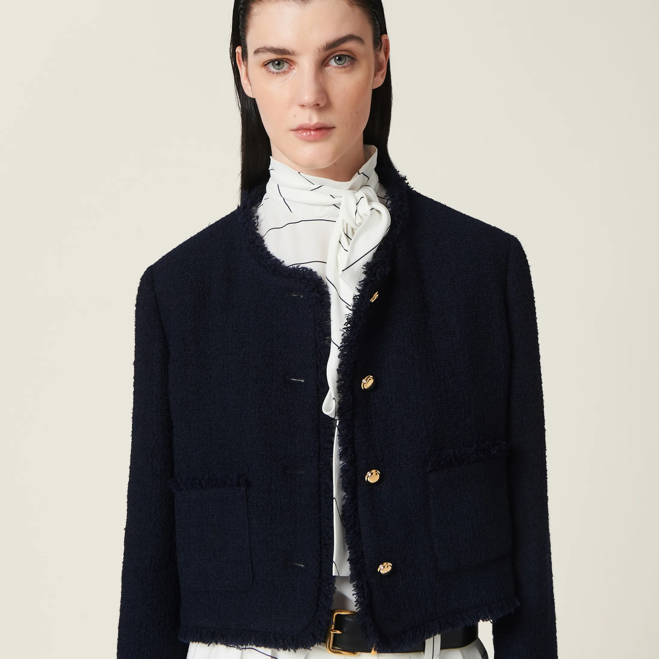 Navy Single-breasted Tweed Jacket | Miu Miu