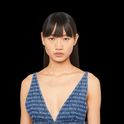 Navy Single-breasted Tweed Top | Miu Miu