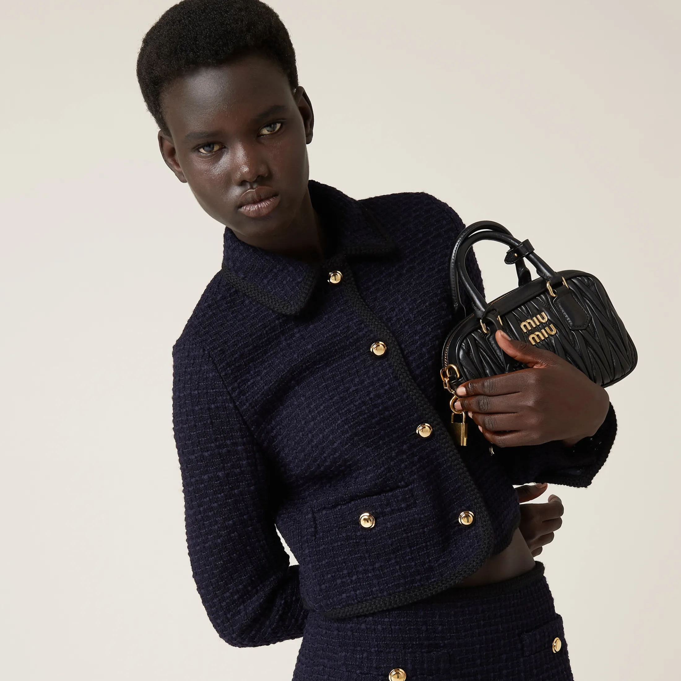 Navy Single-breasted Tweed Jacket | Miu Miu