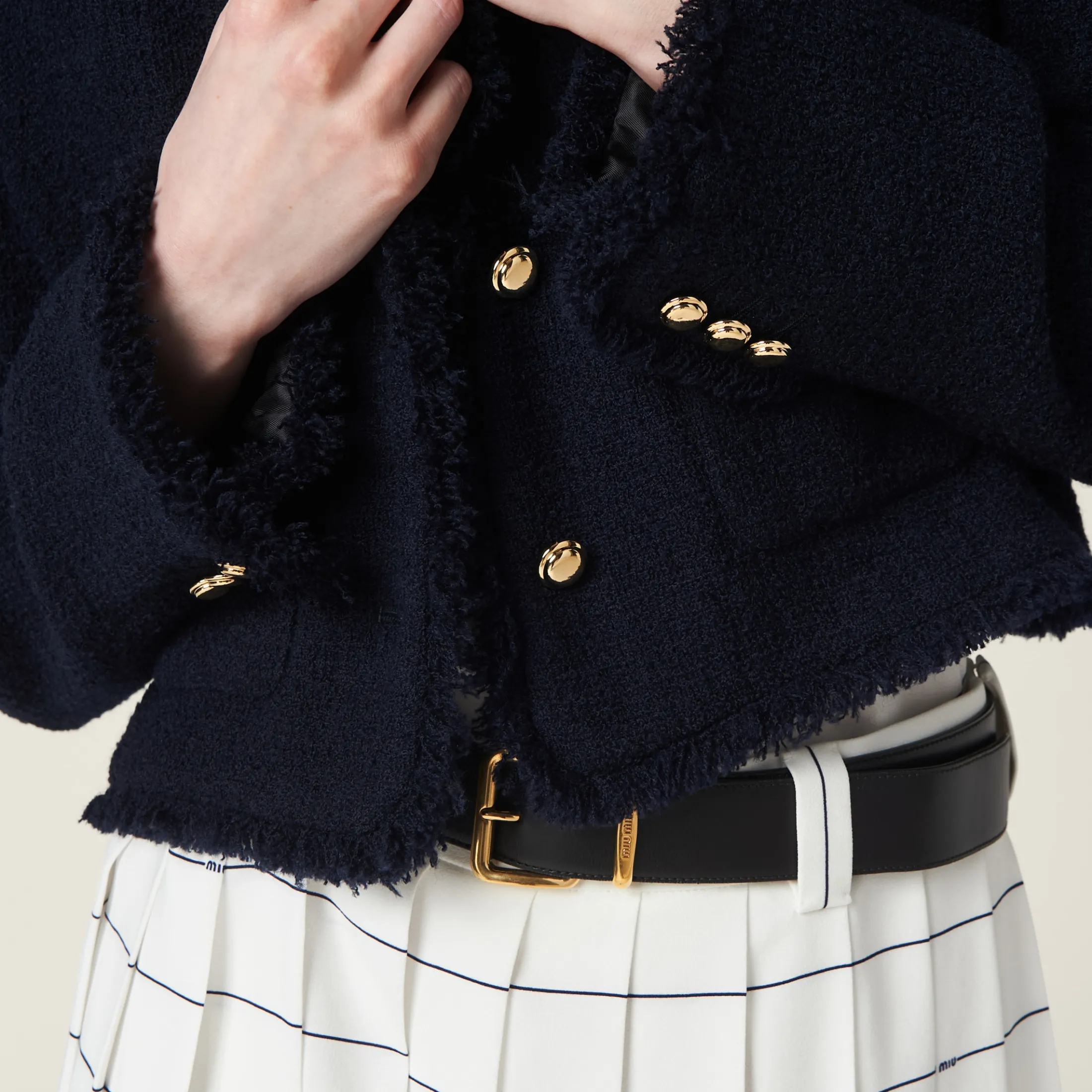 Navy Single-breasted Tweed Jacket | Miu Miu
