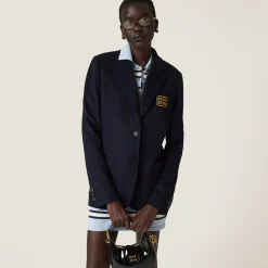 Navy Single-breasted Velour Jacket | Miu Miu