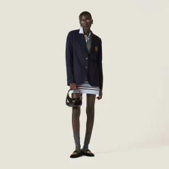 Navy Single-breasted Velour Jacket | Miu Miu