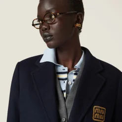 Navy Single-breasted Velour Jacket | Miu Miu