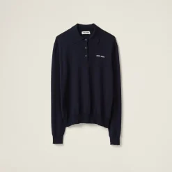 Navy Wool Knit Polo Shirt | Miu Miu