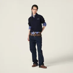 Navy Wool Knit Polo Shirt | Miu Miu