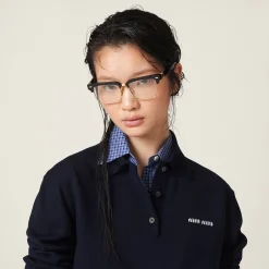 Navy Wool Knit Polo Shirt | Miu Miu