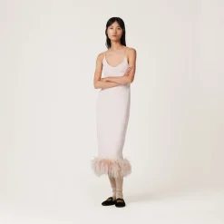 Peach Stretch Cady Dress With Feathers | Miu Miu