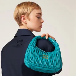 Peacock Blue Wander Matelassé Nappa Leather Hobo Bag | Miu Miu