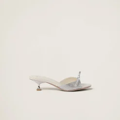 Pearl Gray Satin Sandals With Artificial Crystals | Miu Miu