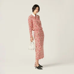 Pomegranate Yellow/red Floral Print Crepe De Chine Skirt | Miu Miu