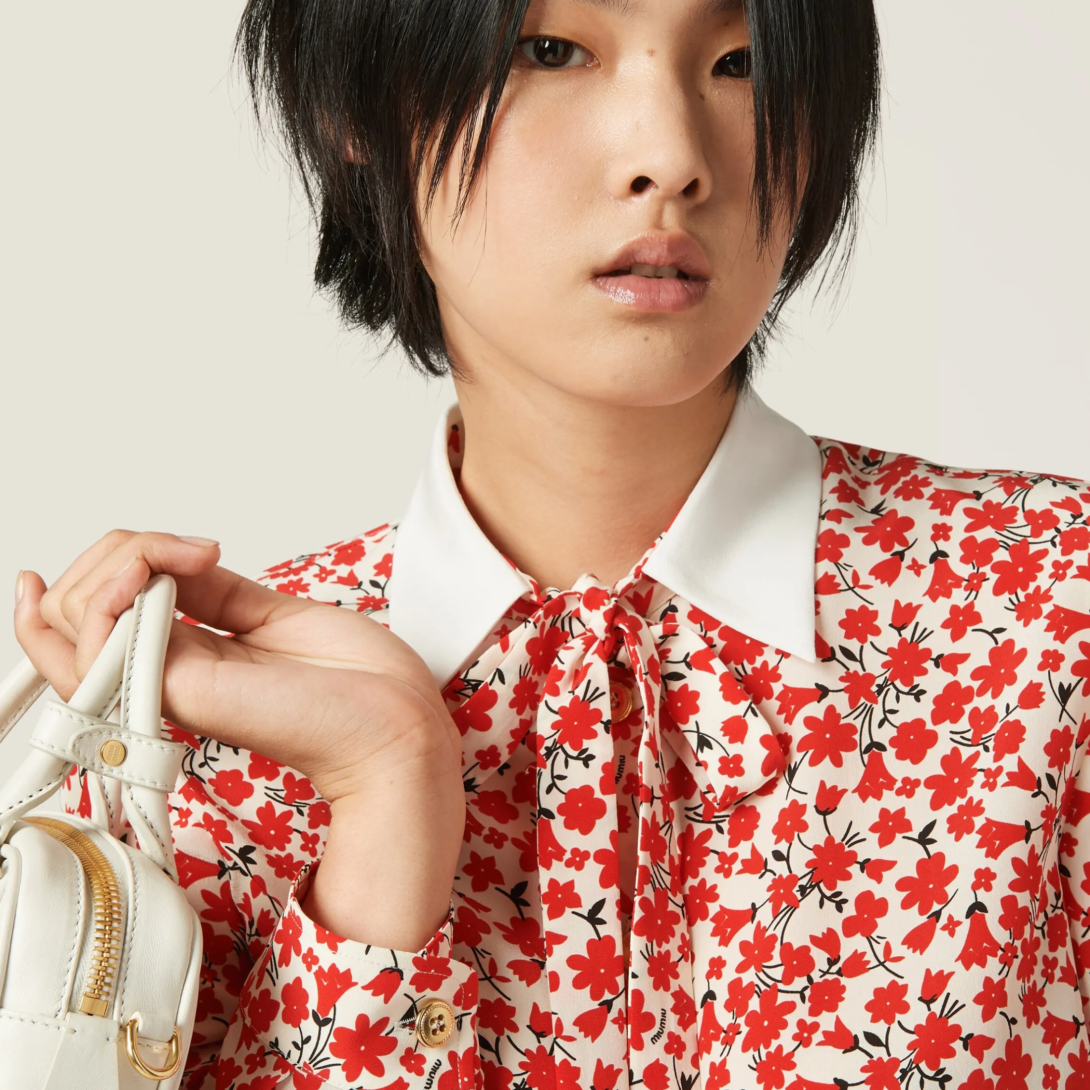 Pomegranate Yellow/red Floral Print Crepe De Chine Shirt | Miu Miu