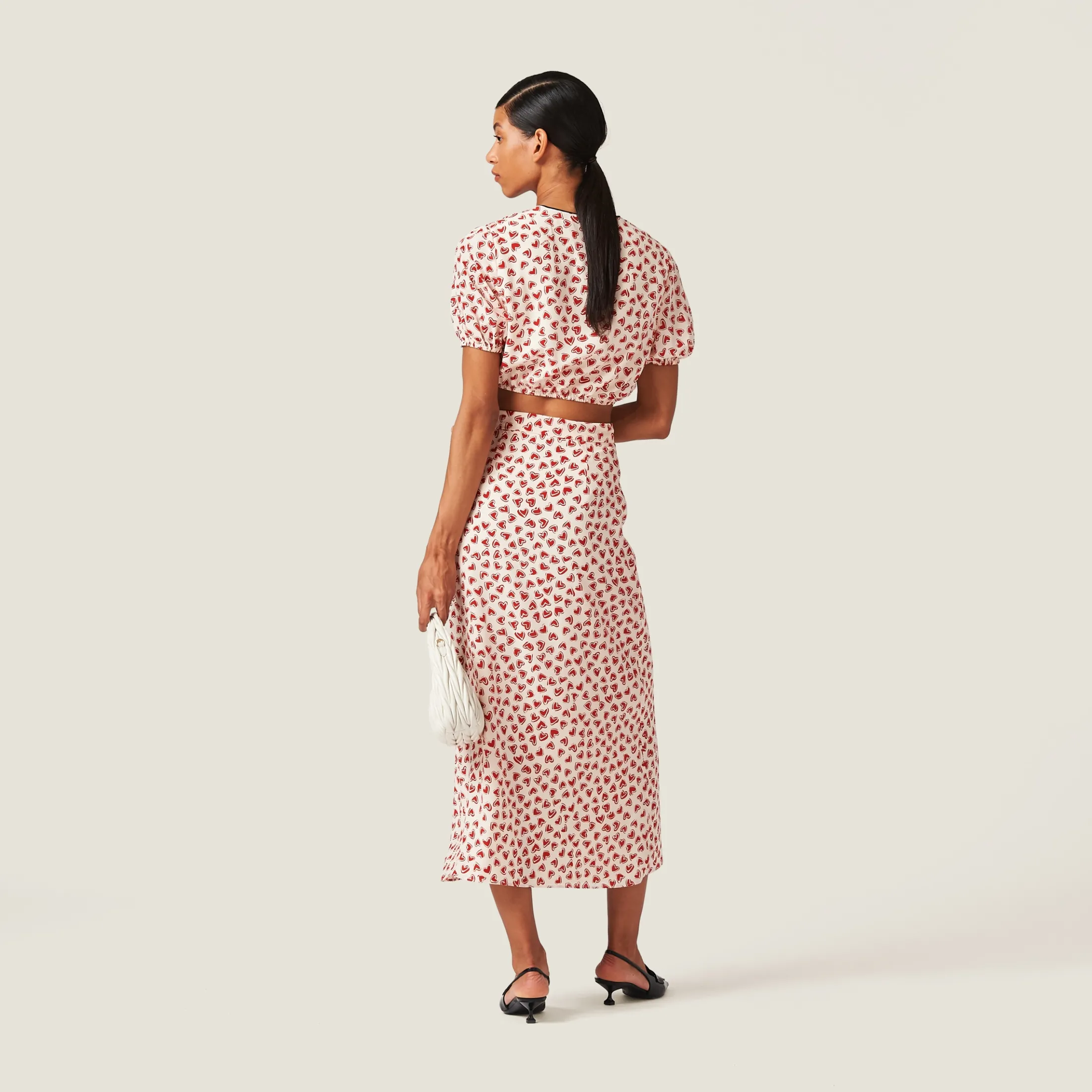 Pomegranate Yellow/red Heart Print Crepe De Chine Skirt | Miu Miu