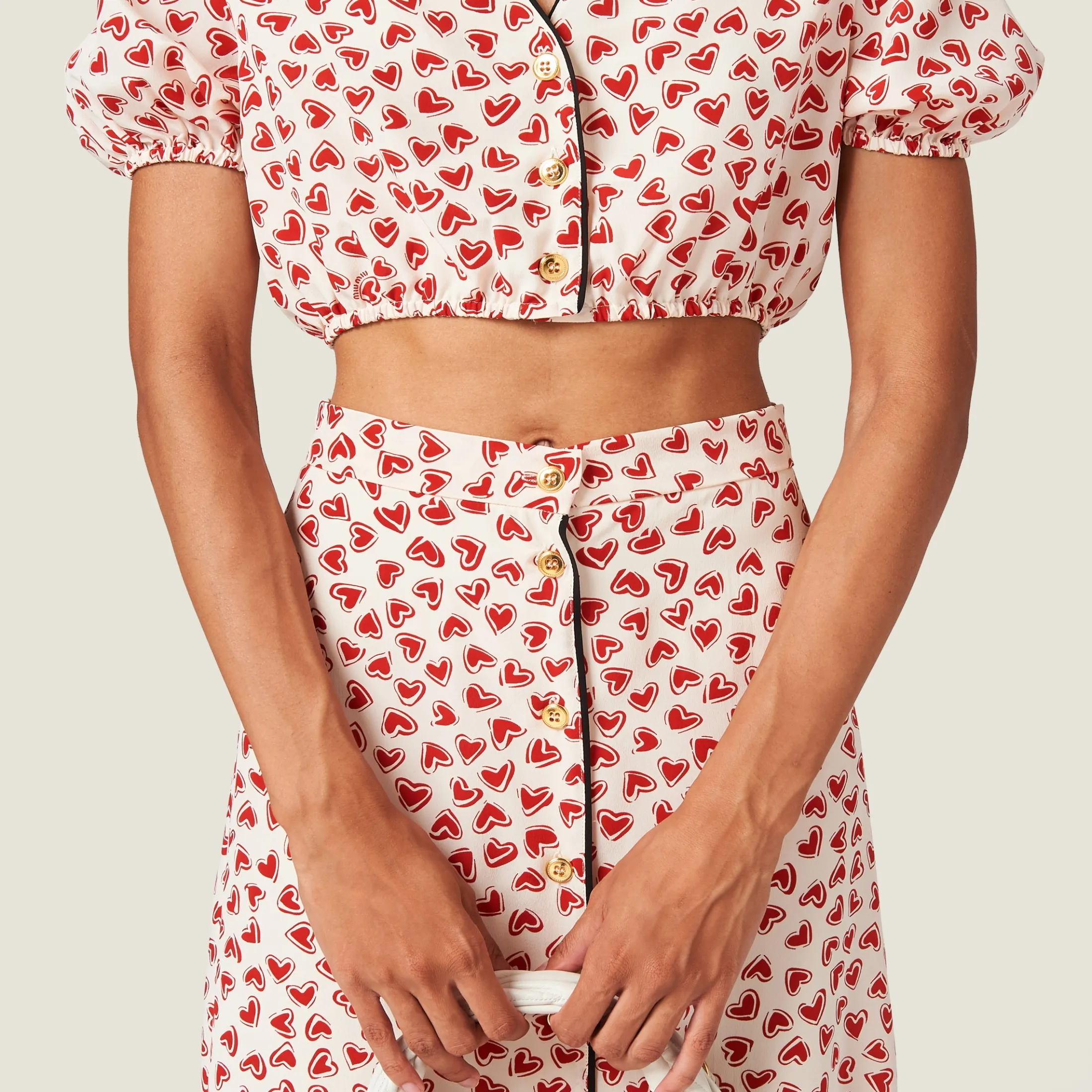 Pomegranate Yellow/red Heart Print Crepe De Chine Skirt | Miu Miu