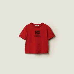 Red Embroidered Cotton T-shirt | Miu Miu