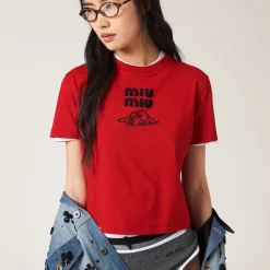 Red Embroidered Cotton T-shirt | Miu Miu