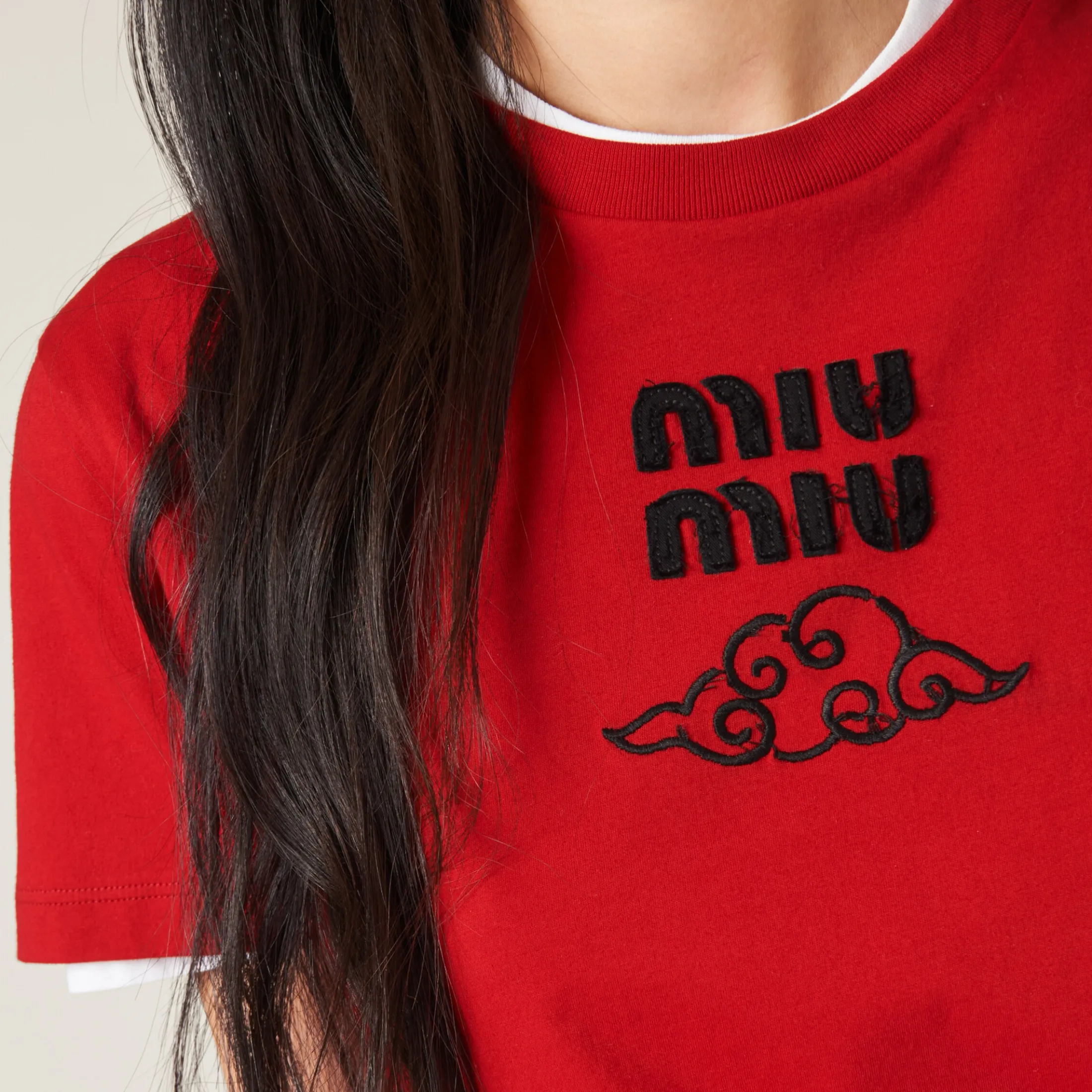 Red Embroidered Cotton T-shirt | Miu Miu