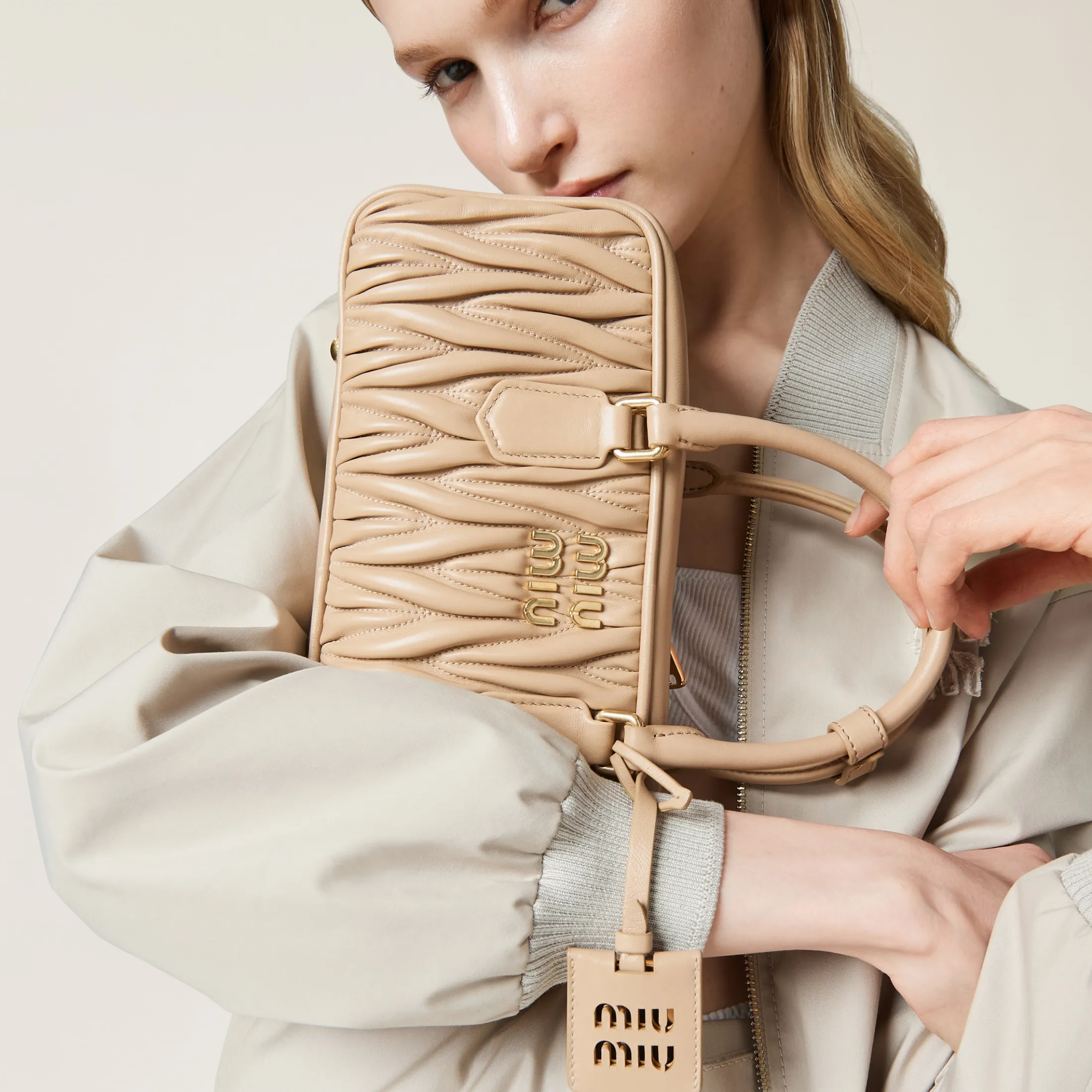 Sand Beige Arcadie Matelassé Nappa Leather Bag | Miu Miu