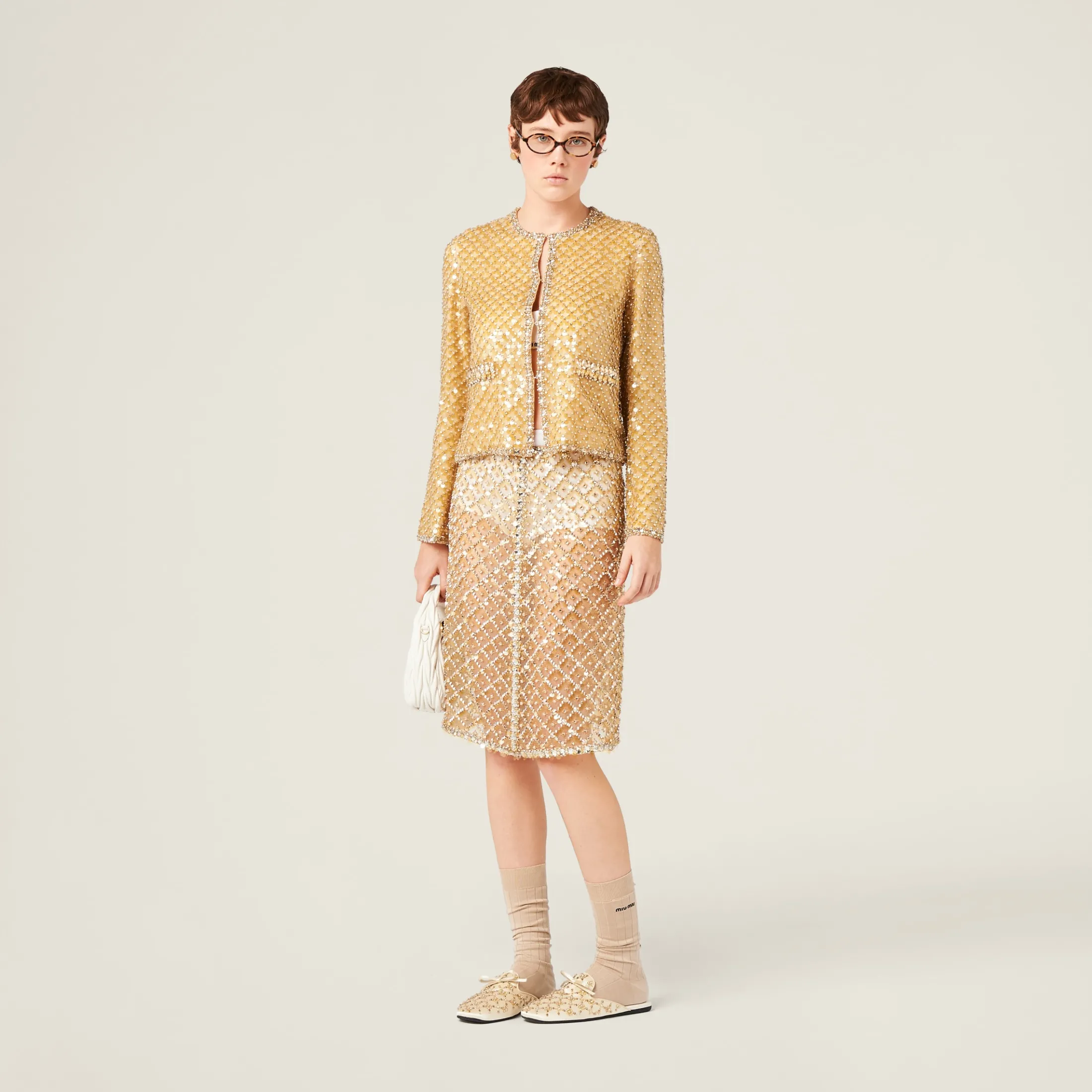 Sand Beige Embroidered Organza Skirt | Miu Miu