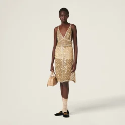 Sand Beige Embroidered Organza Dress | Miu Miu