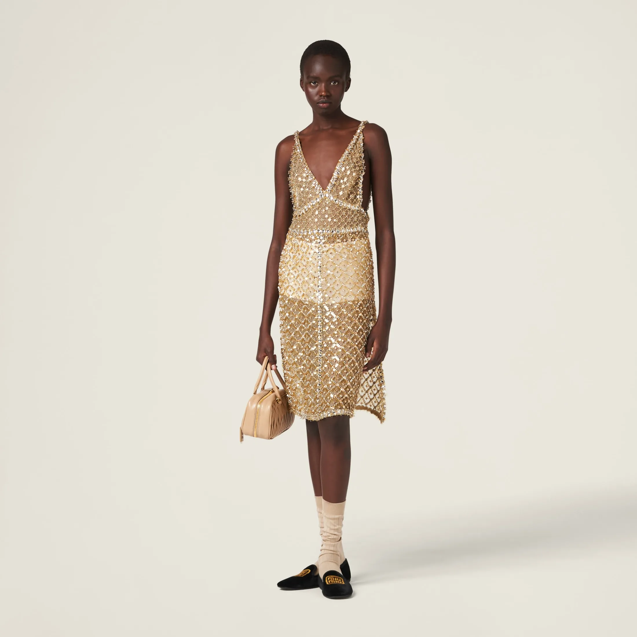 Sand Beige Embroidered Organza Dress | Miu Miu