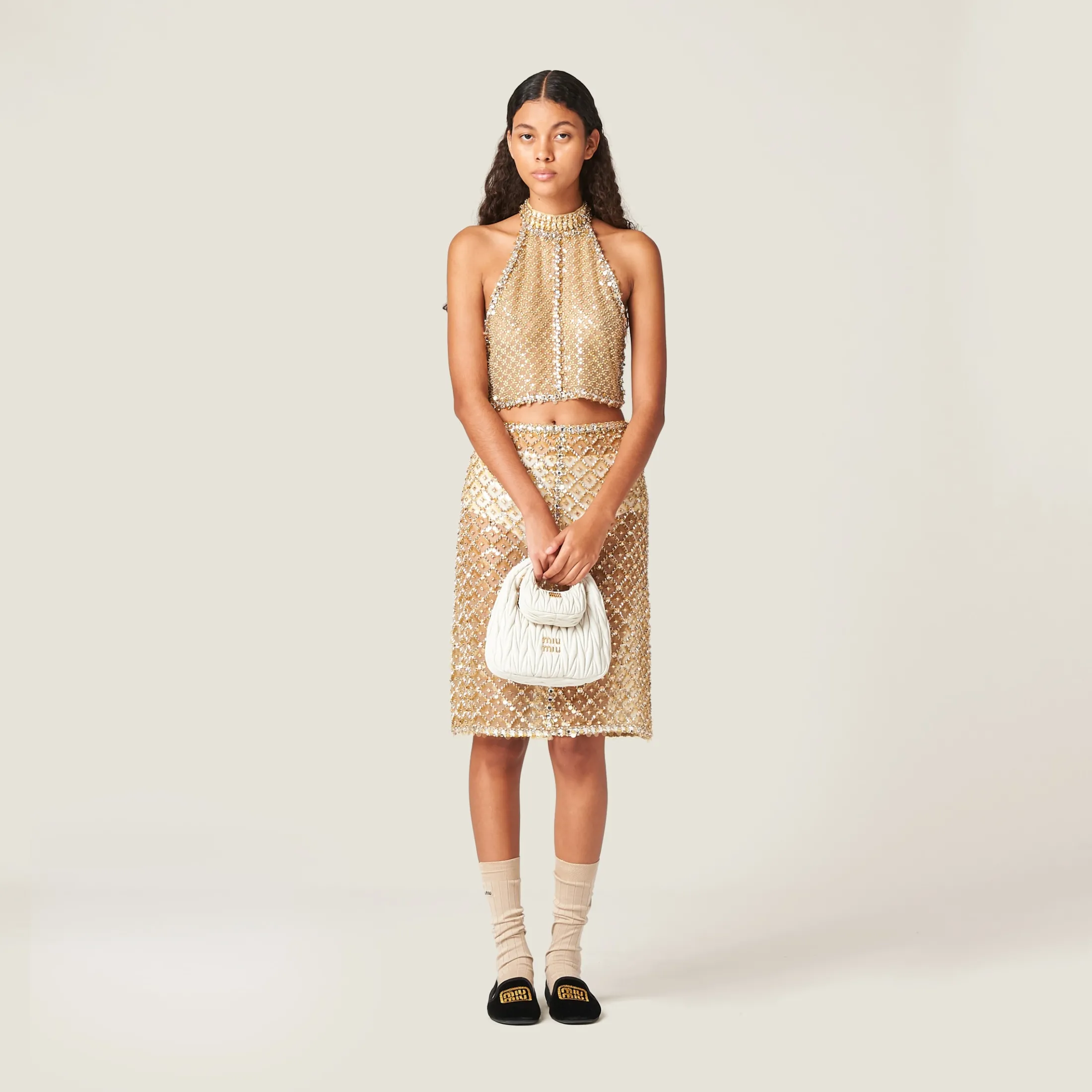 Sand Beige Embroidered Organza Halter Top | Miu Miu