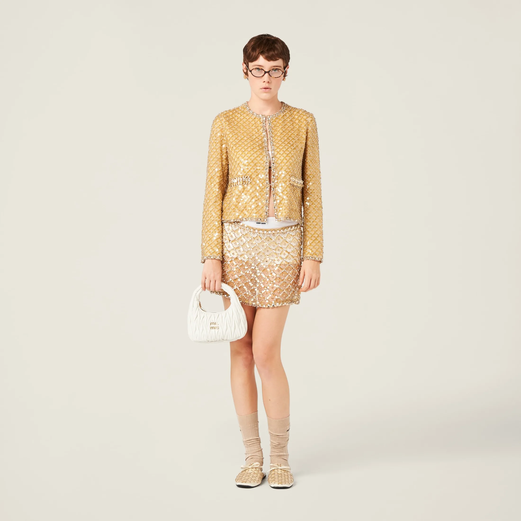 Sand Beige Embroidered Organza Miniskirt | Miu Miu