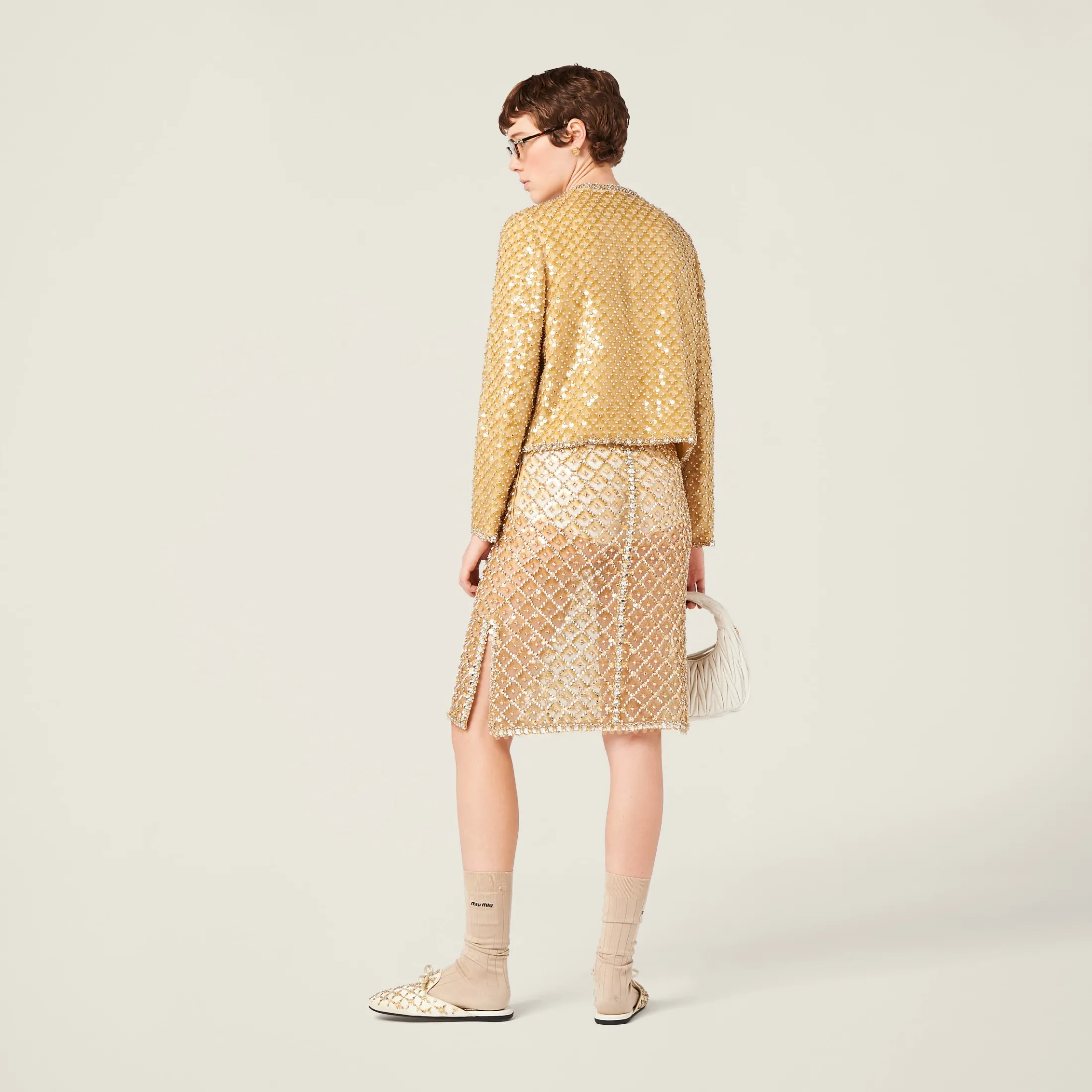 Sand Beige Embroidered Organza Skirt | Miu Miu